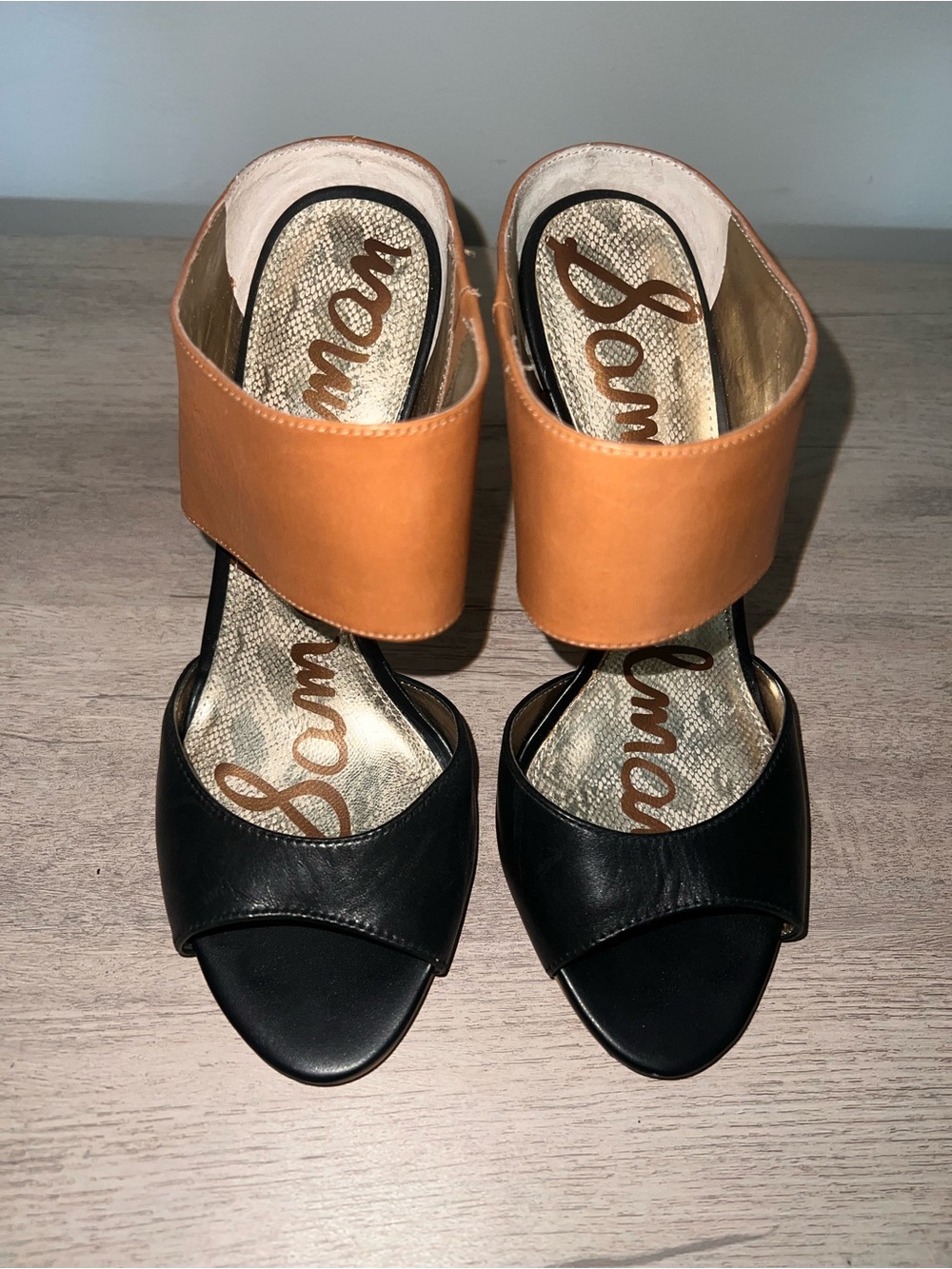 Sam Edelman Black and Tan Two-Tone Open-Toe Heeled Sandals